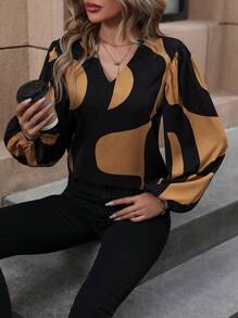 EMERY ROSE Colorblock Notched Neckline Lantern Sleeve Blouse Fall Cloth For Women - Multicolor - View 6