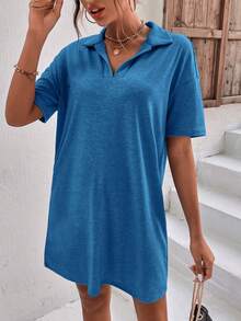 SHEIN LUNE Solid Drop Shoulder Tee Dress - Blue - View 3