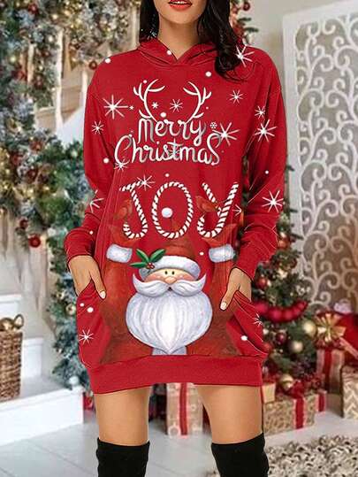 Vestido sudadera con capucha de manga larga con estampado navideño, vestido de mujer