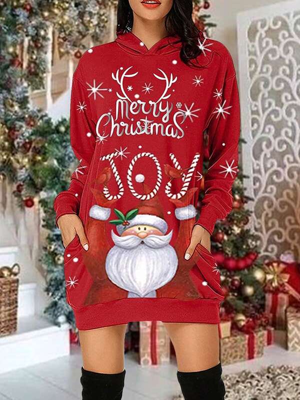 Christmas Print Drop Shoulder Hooded Sweatshirt Dress,Long Sleeve Tops
