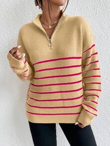 Chiquease Mẫu sọc Dây kéo mặt trước Thả vai Áo len - Màu be - Xem 3