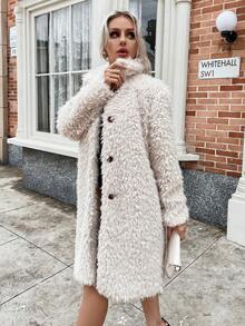Eilly Bazar Solid Button Front Fuzzy Coat - Beige - View 4