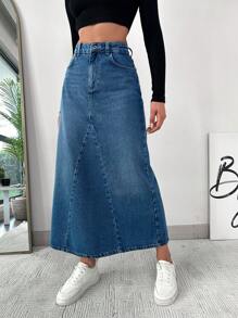 EURMUSE High Waist Slant Pocket Denim Skirt - Blue - View 4