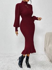 Chiquease Turtleneck Lantern Sleeve Ruffle Hem Sweater Dress Fall Winter Cloth For Women - Burgundy - View 6