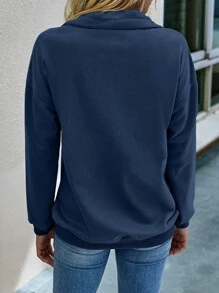SHEIN LUNE Một nửa khóa kéo Túi kangaroo Thả vai Dây rút Áo nỉ - Màu xanh hải quân - Xem 2