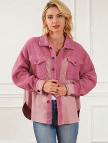 Acelitt Flap Pocket Drop Shoulder Teddy Coat - Pink - View 4