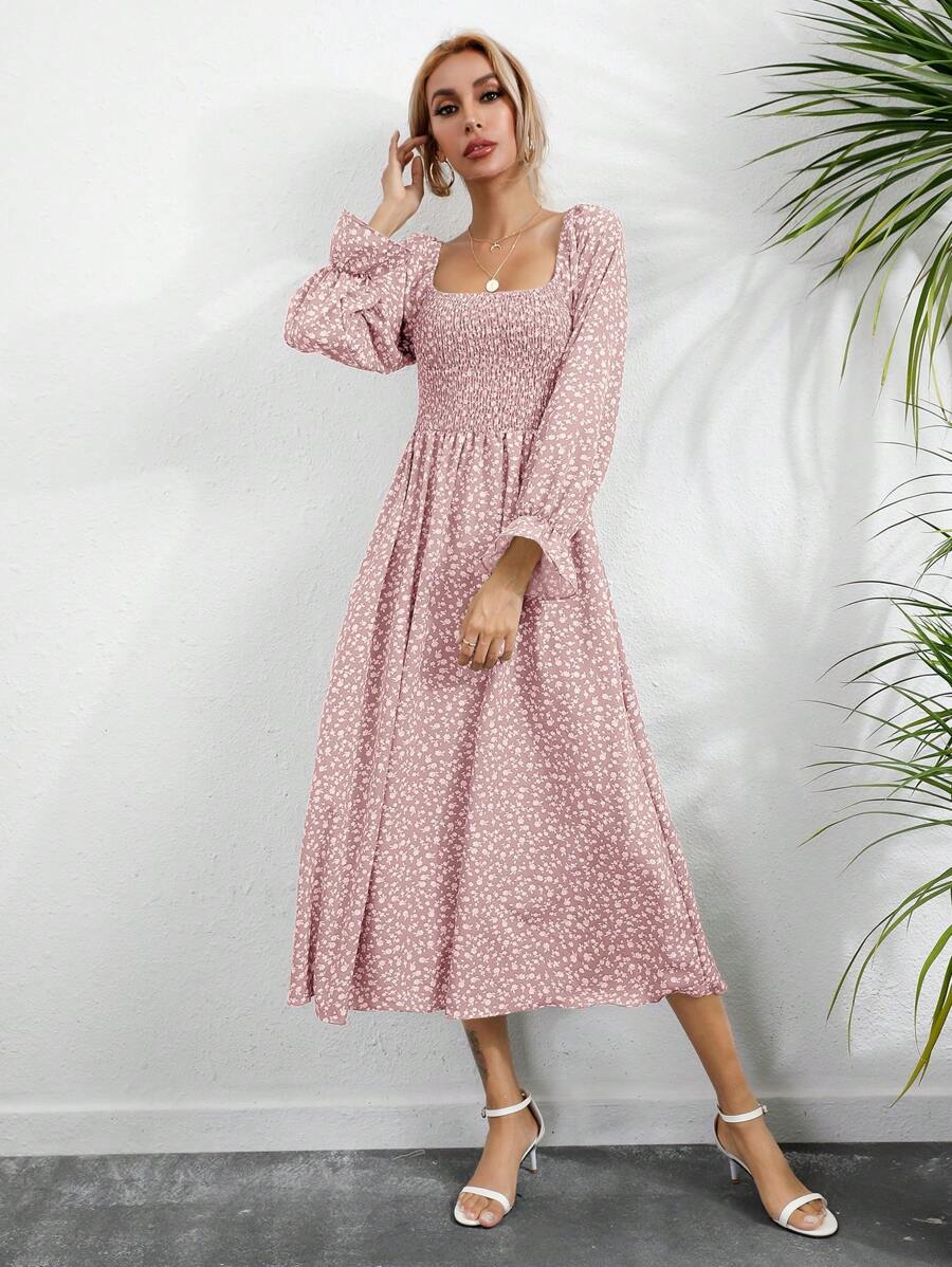 SHEIN VCAY 碎花方領荷葉袖洋裝 - 粉色 - 查看 1