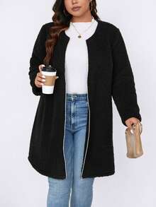 大碼素色拉鏈開襟絨毛外套 - 黑色 - 查看 5
