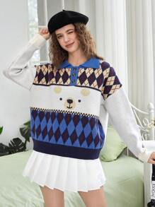 SHEIN EZwear 卡通小熊&菱形印花Polo領落肩袖套頭毛衣 - 彩色 - 查看 1