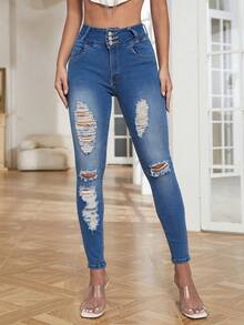 (可用棉)女性高腰單排鈕提臀割破彈性牛仔緊身長褲 - 中等水洗藍 - 查看 3