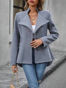 SHEIN LUNE 前紐扣高低下擺花呢外套 - 黑色 - 查看 1