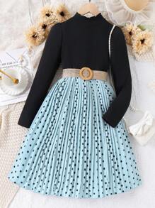 SHEIN 女大童波點圖案百褶下擺洋裝 - 藍色 - 查看 1