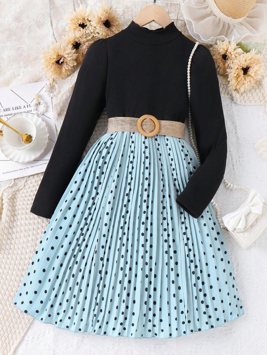 SHEIN 女大童波點圖案百褶下擺洋裝 - 藍色 - 查看 1