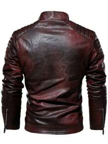 Men Long Sleeve Letter Patched Zip Up PU Leather Thermal Lined Jacket, For Fall Winter - Burgundy - View 3