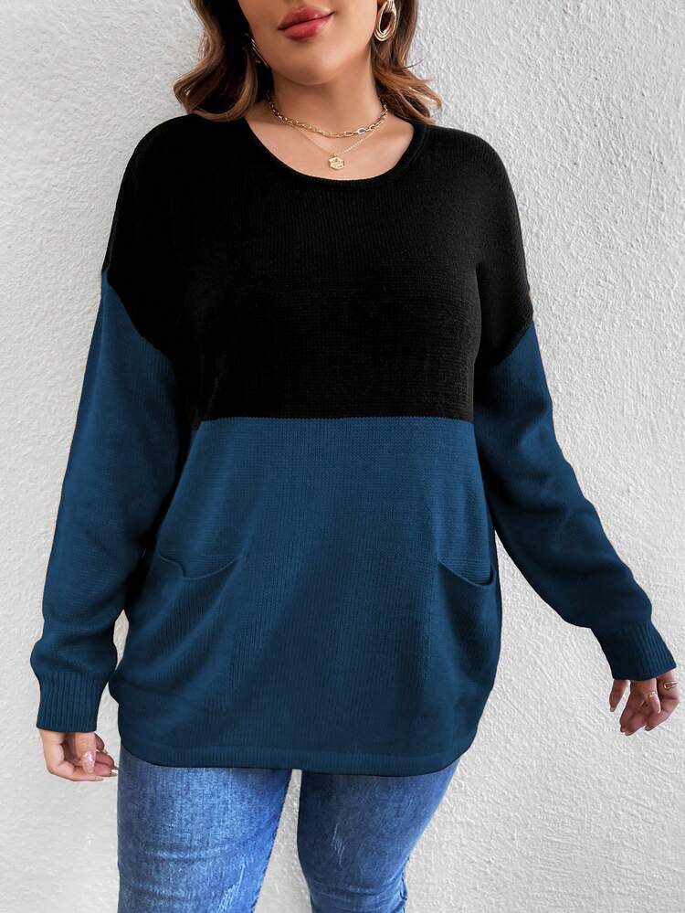 Plus Two Tone Drop Shoulder Pocket Patched Sweater, For Winter Knit Pullover Fall Sweater