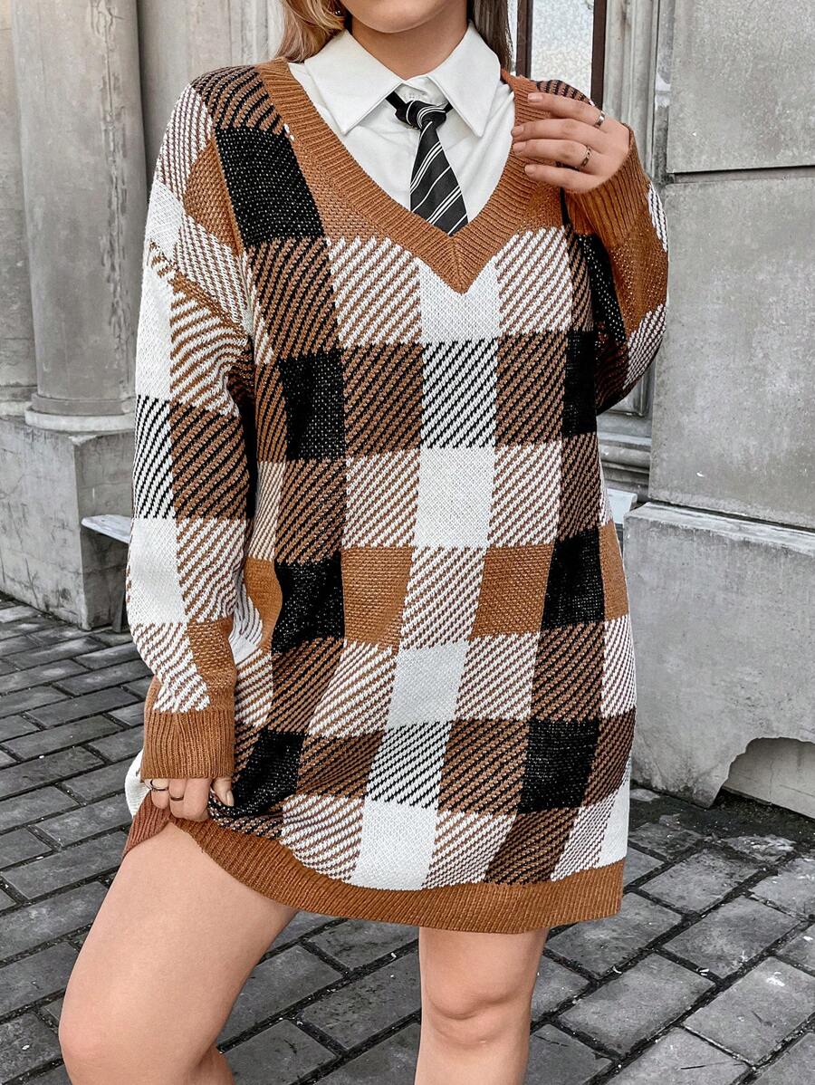 Flirla Plus Plaid Pattern Drop Shoulder Sweater Dress Without Shirt And Tie Fall Cloth For Women - Multicolor - View 1