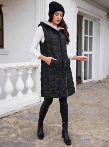 RueChic Zip Up Drawstring Hooded Vest Puffer Coat - Black - View 4