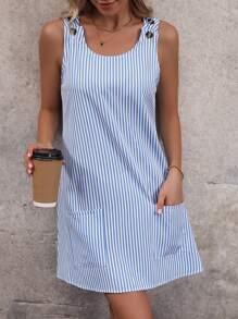 EMERY ROSE Striped Print Button Detail Dual Pocket Tank Dress