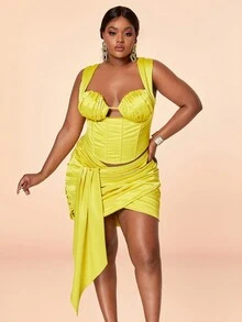 浪漫褶皺緞面背心上衣 - 黃色 - 查看 5