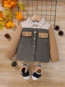 SHEIN Chica Joven Abrigo de color combinado con bolsillo con solapa con botón delantero - Multicolor - Ver 1