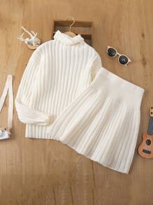 SHEIN Tween Girl Turtleneck Ribbed Knit Sweater & Pleated Skirt - Apricot - View 1