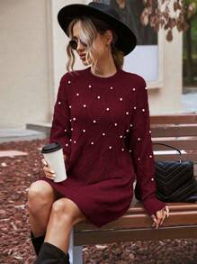 SHEIN Clasi Ngọc trai đính cườm Thả vai Đầm Áo len - Màu Đỏ Sâu - Xem 3