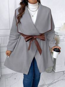 Celure Plus Waterfall Collar Contrast Binding Belted Overcoat - Grey - View 5