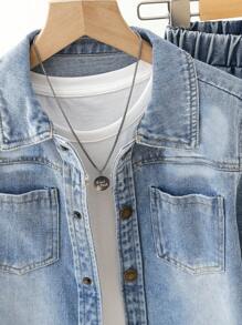 Tween Boy 1pc Dual Pocket Denim Shirt & 1pc Jeans