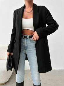 RueChic Shawl Collar Open Front Blazer - Black - View 1