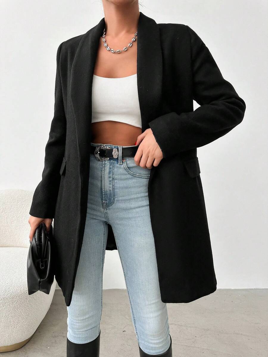 RueChic Shawl Collar Open Front Blazer - Black - View 1