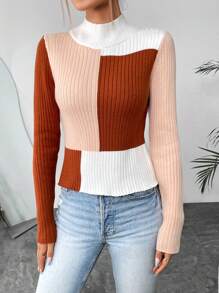 SHEIN LUNE Suéter de cuello alto de punto acanalado con bloques de color para otoño e invierno - Multicolor - Ver 3