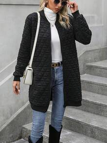 素色拉鏈開襟絎縫外套 - 黑色 - 查看 5