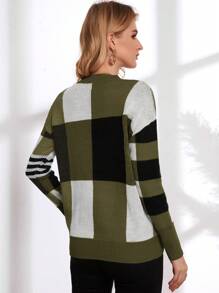 EMERY ROSE Cut And Sew Drop Shoulder Sweater,Long Sleeve Tops Knit Pullover Fall Winter Sweater - Army Green - View 2