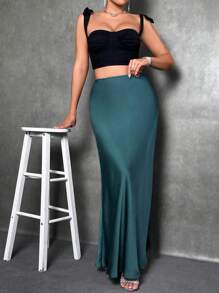 Glamine Women's Satin Skirt, Versatile Fish Tail Hem Skirt, Elegant Daily Wear Dress - Cadet Blue - View 4