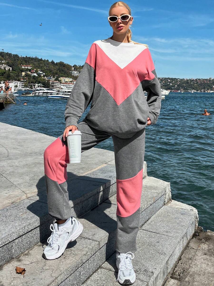 EURMUSE Colorblock Drop Shoulder Sweatshirt & Sweatpants - Multicolor - View 1