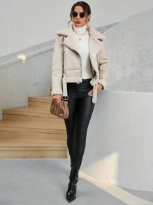 Aveloria Modichic Teddy Lined Zip Up Moto Jacket Faux Leather Aviator Jacket With Borg Lining 