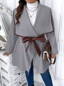 Celure Plus Waterfall Collar Contrast Binding Belted Overcoat - Grey - View 6