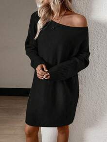 SHEIN LUNE Vestido de punto unicolor de hombros caídos sin cinturón - Negro - Ver 3