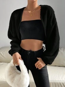 SHEIN Essnce 1pc Drop Shoulder Open Front Crop Fuzzy Jacket