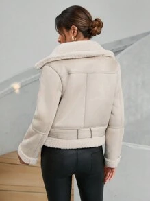 Aveloria Modichic Teddy Lined Zip Up Moto Jacket Faux Leather Aviator Jacket With Borg Lining 