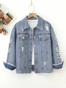 女大童1入組破洞抽鬚翻蓋細節牛仔夾克 - 中等水洗藍 - 查看 1