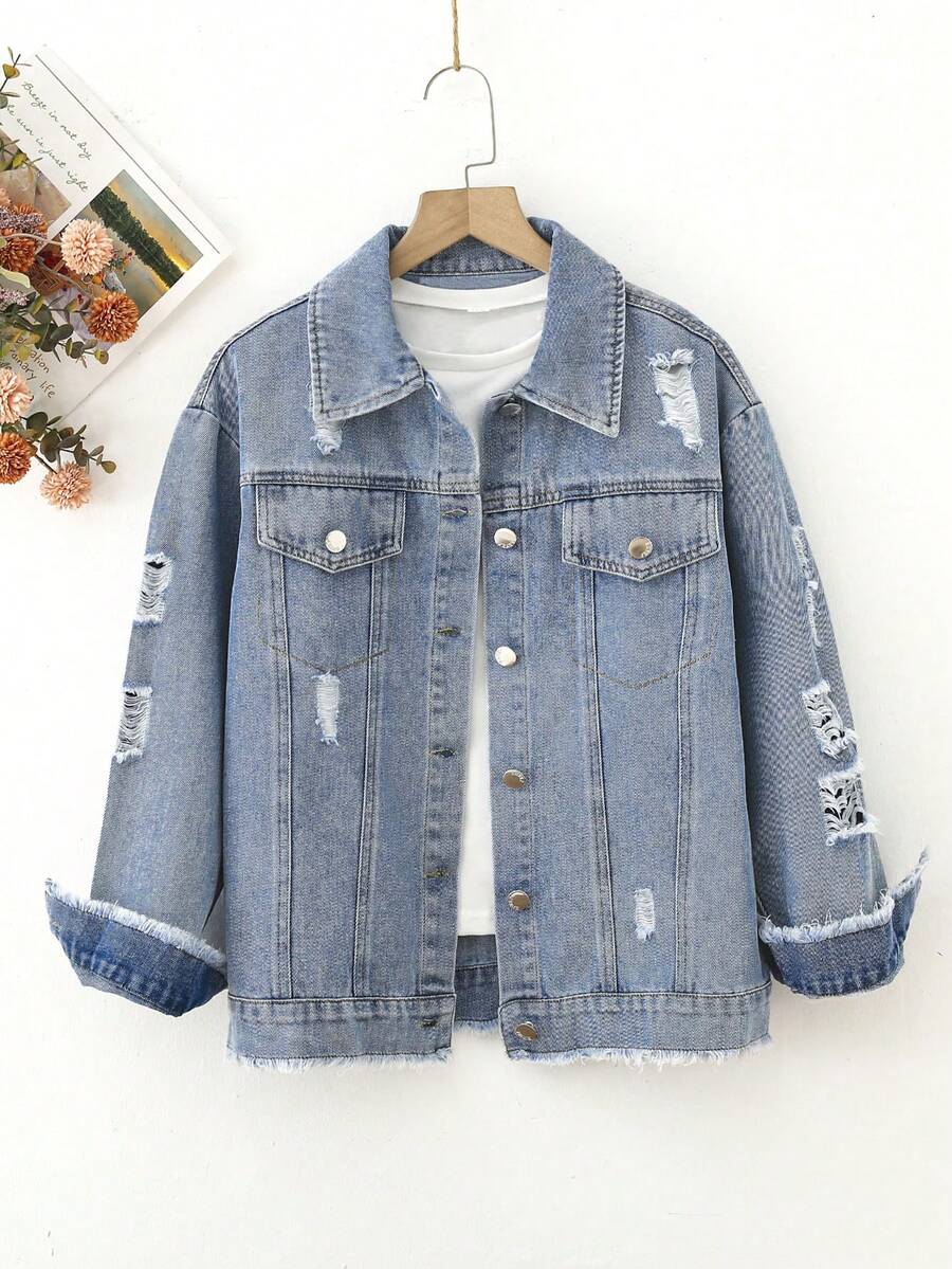 女大童1入組破洞抽鬚翻蓋細節牛仔夾克 - 中等水洗藍 - 查看 1