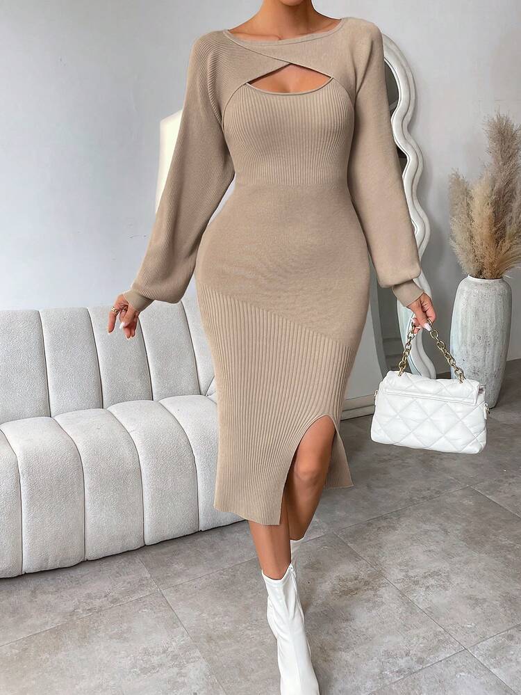 Cut Out Front Split Thigh Sweater Dress & Bolero