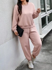 Calvaya 大碼素色落肩袖衛衣和衛褲 - 粉色 - 查看 5