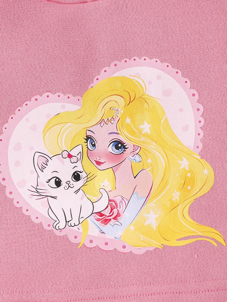 Baby Girl Cartoon Graphic Raglan Sleeve Hoodie & Skirt