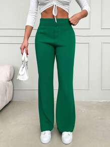 EURMUSE 素色喇叭針織長褲 - 綠色 - 查看 1