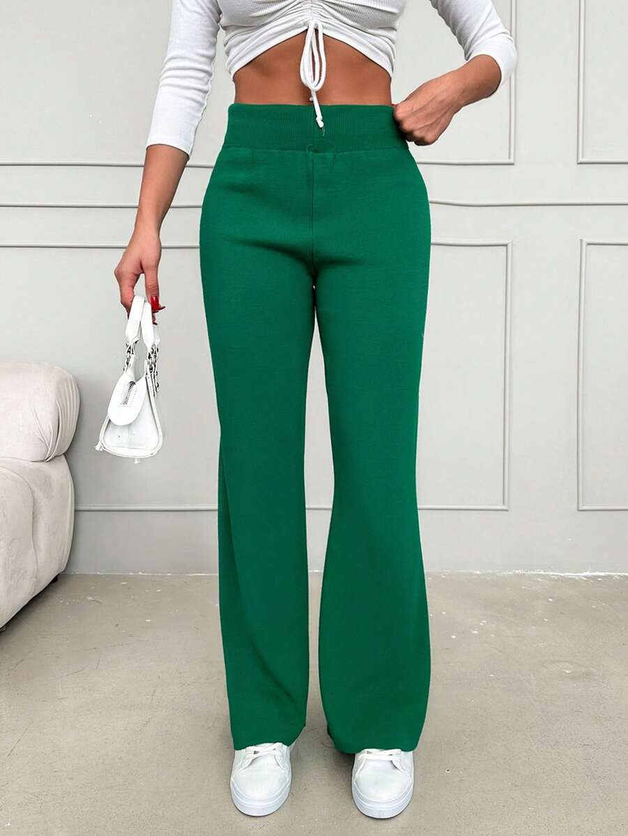 EURMUSE 素色喇叭針織長褲 - 綠色 - 查看 1