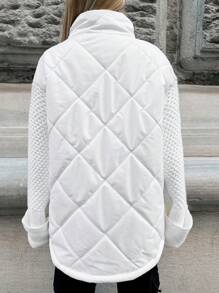 RueChic Drop Shoulder Zip Up Quilted Winter Coat - White - View 2