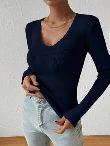 SHEIN Essnce Cắt vỏ sò Đồ đan Ribbed Áo len - Màu xanh hải quân - Xem 3