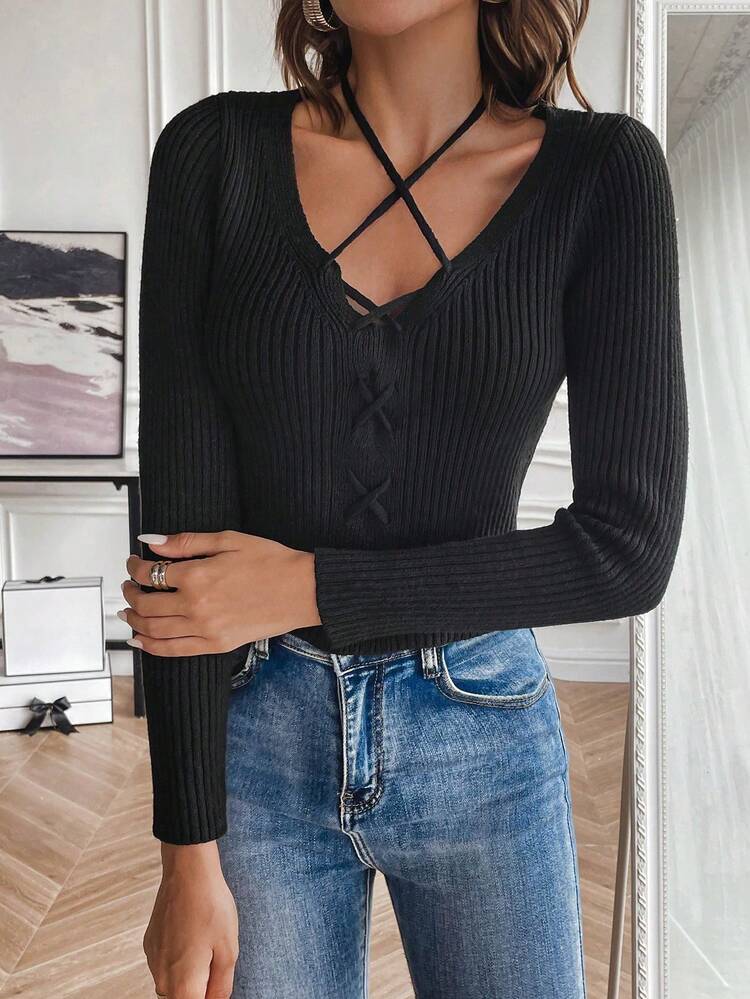 Crisscross Tie Ribbed Knit Pullover Fall Winter Sweater